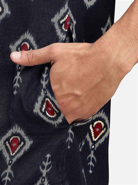 Navy Blue Cotton Blend Straight Cut Printed Kurta for Men – The Kurta ...