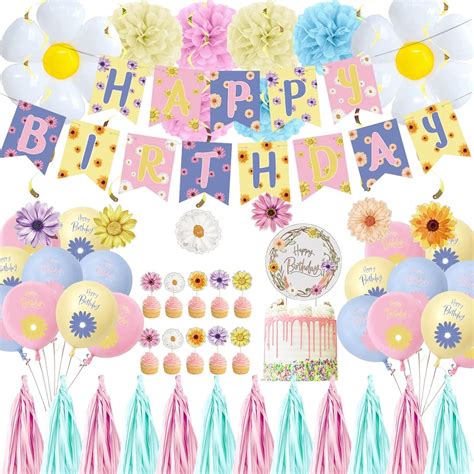 56 Pieces Daisy Flower Happy Birthday Decorations Happy Birthday Banner ...