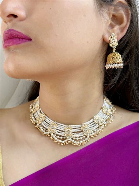Exquisite Rose Gold Polish Kundan And Pearl Choker Set For Weddings ...