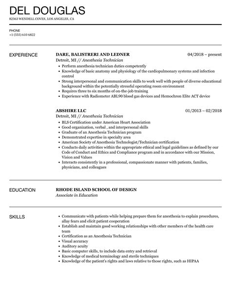 Anesthesia Technician Resume Samples | Velvet Jobs