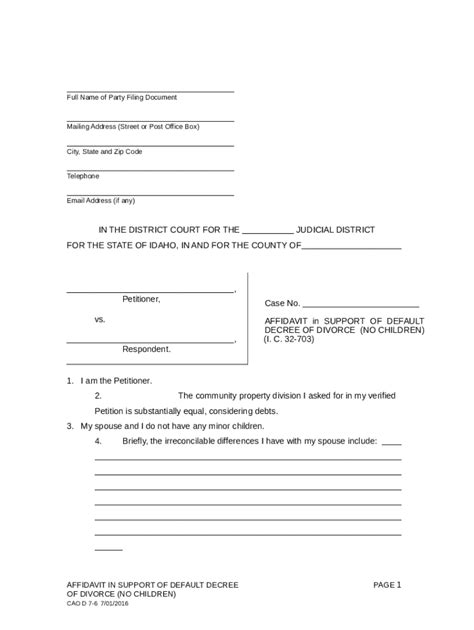AFFIDAVIT in SUPPORT OF DEFAULTDECREE OF DIVORCE(NO CHILDREN ...