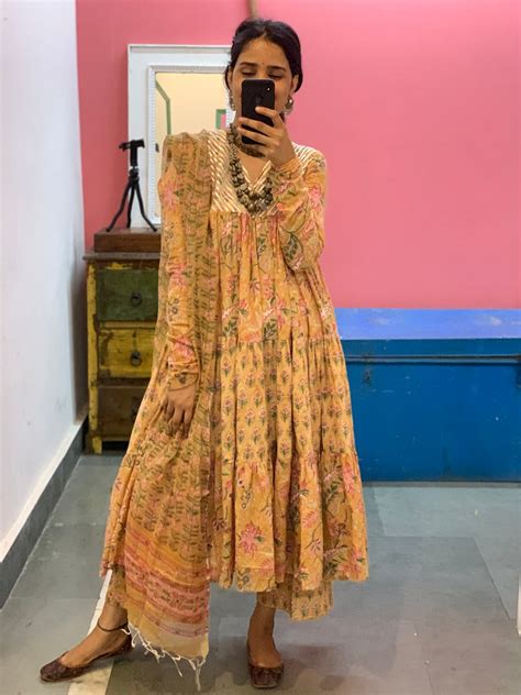 Mustard Yellow 3 tier block print anarkali with long sleeves Set of 3 ...