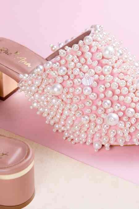 Buy Pink Pearls Pretty Block Heel Mules by Rhe-Ana Online at Aza Fashions.