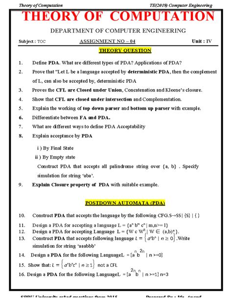 Toc assignment no 04 - good - THEORY OF COMPUTATION DEPARTMENT OF ...