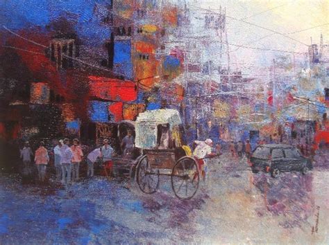 "Rickshaw Puller In Kolkata Ii": Blue Acrylic Painting by Purnendu ...