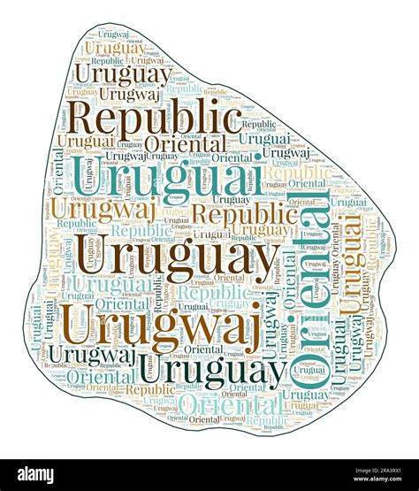 Uruguay shape filled with country name in many languages. Uruguay map in word cloud style ...