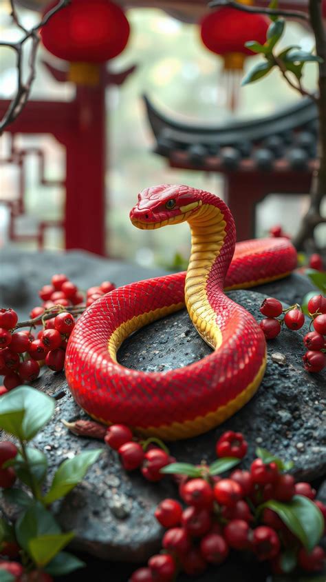 A red and yellow snake is sitting on a rock 55681280 Stock Photo at ...