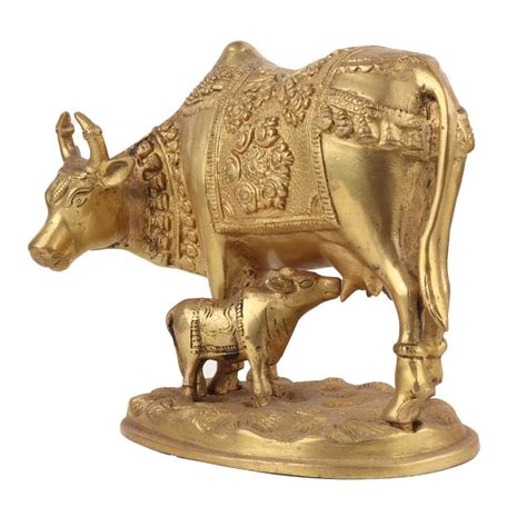 Handmade Golden Brass Kamdhenu Cow with Calf Idol