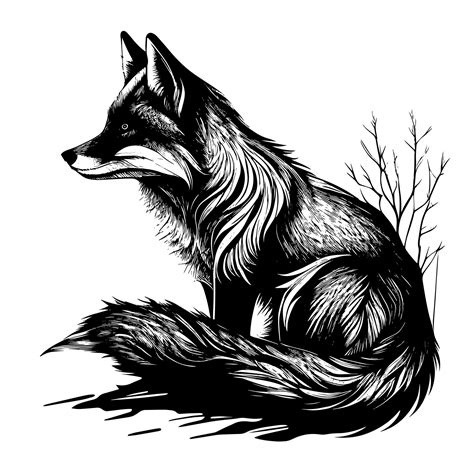 Black and white vector illustration of a fox sitting on the ground ...
