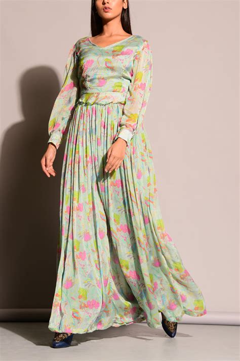 Pastel Green Printed Crop Top With Gathered Pants