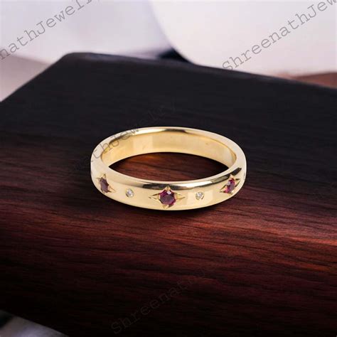 14k Solid Gold Ruby Wedding Band Thick Band Ring for Women Pave Ruby ...