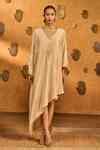 Buy Beige Silk Sequins, Embroidery Oatmeal Garden Print Asymmetric ...