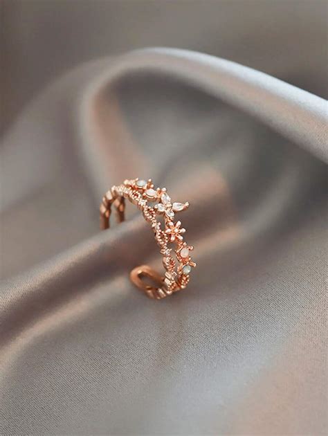 Flower & Cubic Zirconia Decor Cuff Ring Valentines,Mom,Mother,Mother's ...