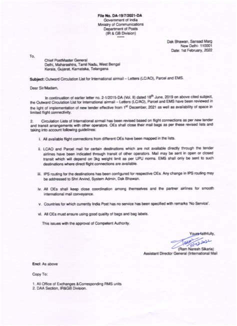 Outward Circulation List for International Airmail - Letters ( LC/AO ...