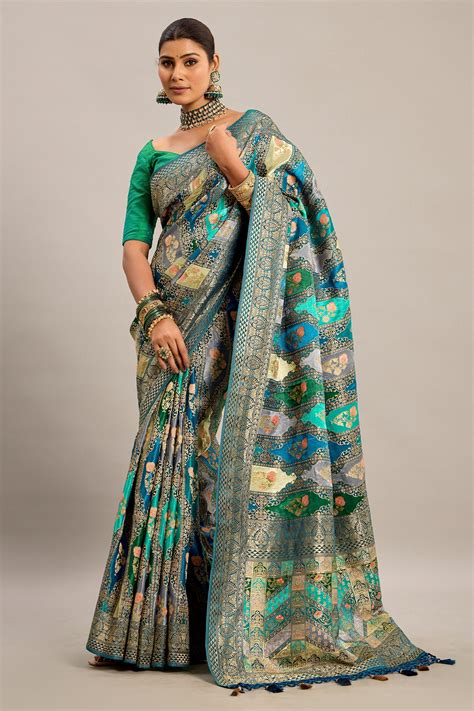 Teal Green and Multi Colored Satin Silk Woven Saree – Asopalav.in