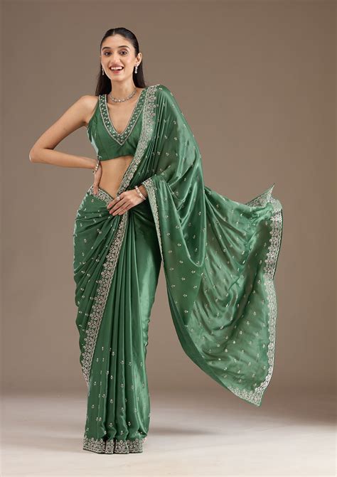 Buy Bottle Green Stonework Satin Saree - Koskii