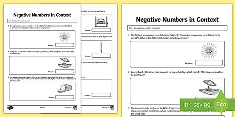 Contextual Addition Of Negative Numbers Worksheet - Twinkl