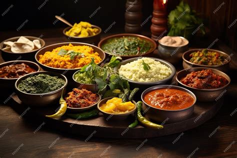 Traditional Indian dishes on the wooden table selection of assorted ...