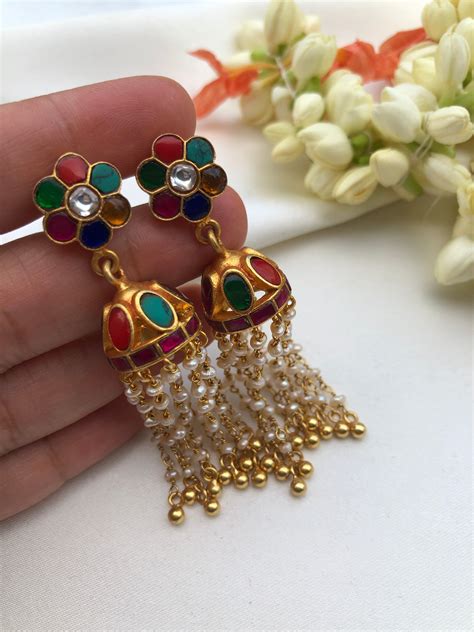 4 layered jhumkas with antique kundan bead drop | House of Taamara