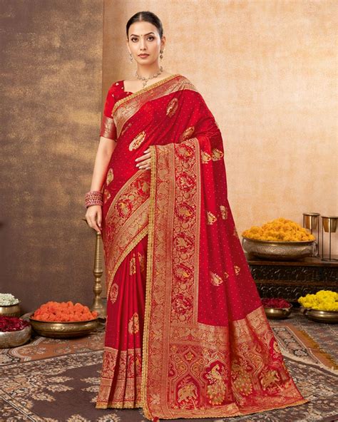 Vishal Prints Cadmium Red Designer Art Silk Weaving Saree With Diamond