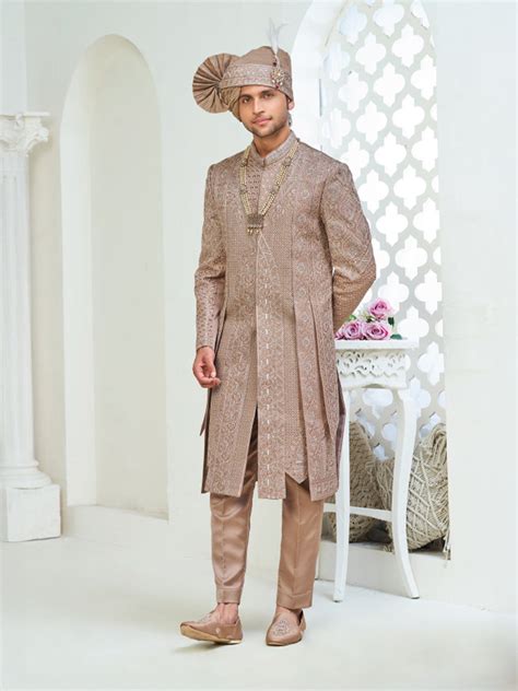 Brown Silk Embroidered Sherwani Set – Suvidha Fashion