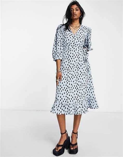 Buy Only puff sleeve wrap midi dress in blue spot Online at Lowest ...