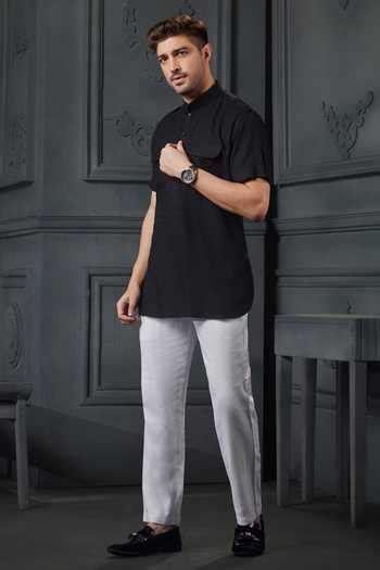 Buy Black Linen Viscose Plain Band Collar Short Pathani For Men by ...