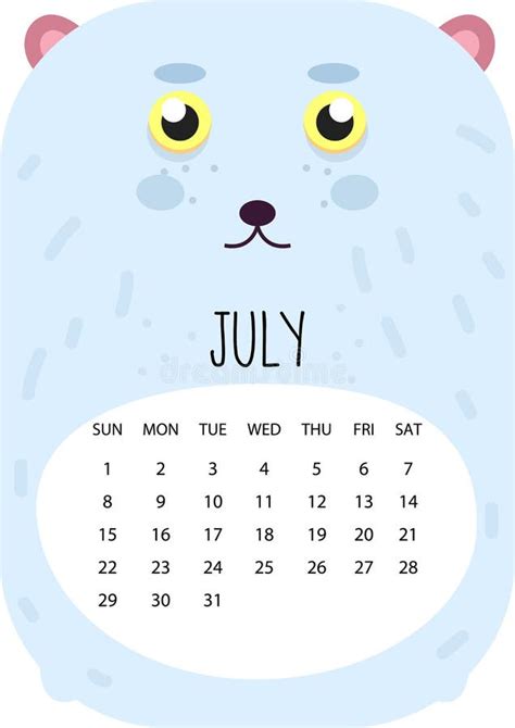 逗人喜爱的月日历设计2018年 7月 A4格式 向量 库存例证. 插画 包括有 简单, 字符, 子项, 打印 - 100562067