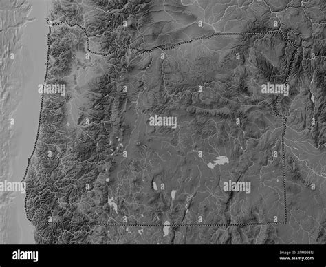 Oregon, state of United States of America. Grayscale elevation map with lakes and rivers Stock ...