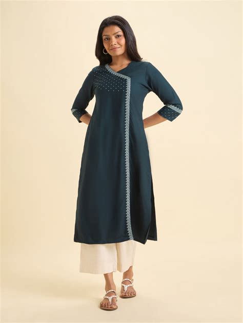 Teal Green Colour Viscose Plain Slitted Kurti With Embroidery