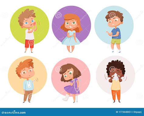 Sick Kids. Health Problems Children Flu Unhealthy People Sickness Vomiting Vector Characters ...