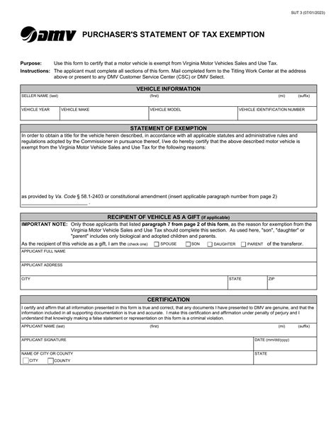 Form SUT 3. Purchaser's Statement of Tax Exemption - Virginia – Document Template