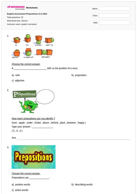 50+ Prepositions worksheets for Class 1 on Wayground | Free & Printable