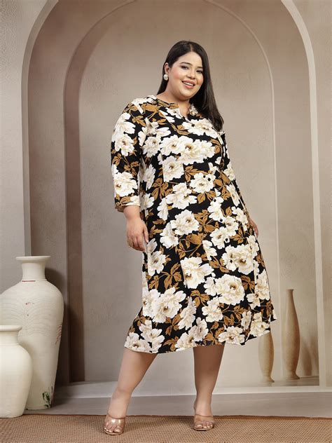 Plus Size Floral Print Fit & Flare Midi Dress