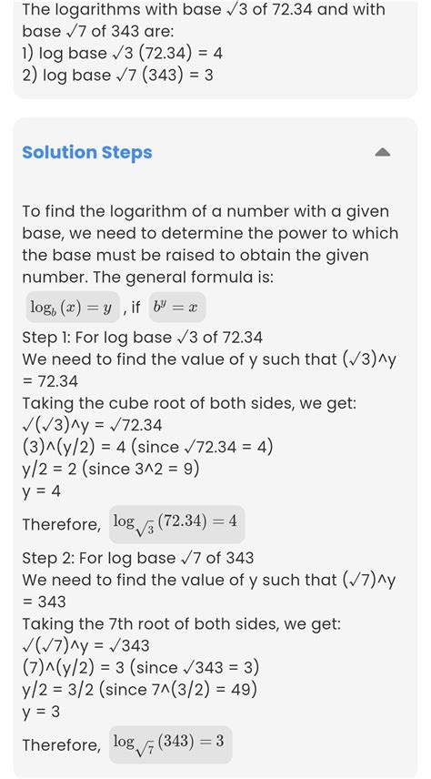 1) log base √3 (72.34)2) log base √7 (343) - Brainly.in