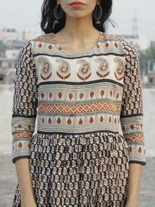Naaz Saaj - Beige Black Maroon Hand Block Printed Dress With Gathers ...