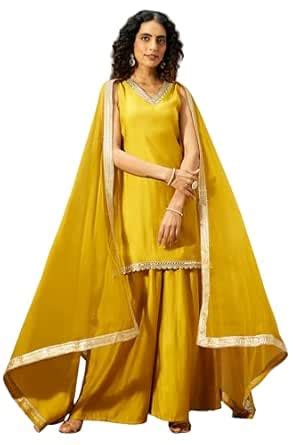 Buy Janasya Women's Yellow Chanderi Silk Embellished Straight Kurta ...