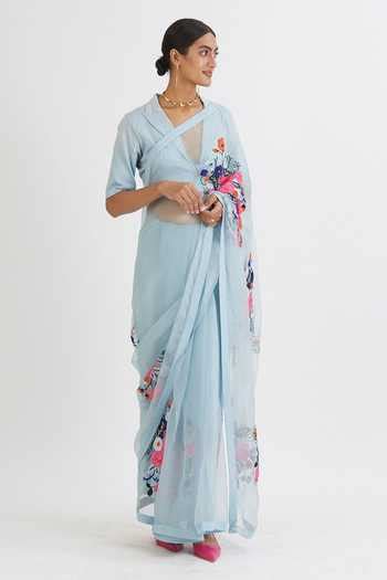 Buy Blue Silk Organza V Neck Embroidered Saree With Blouse For Women by ...