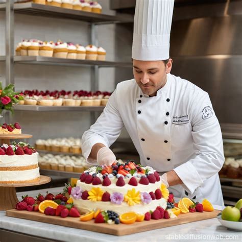 create an image of a skilled pastry chef assembling a multi tiered cake in a bright and inviting ...