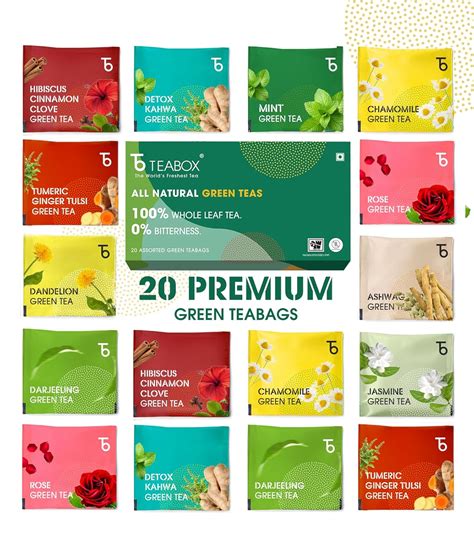 Teabox Wellness Green Tea Sampler Pack - 20 Assorted Tea Bags, 10 ...