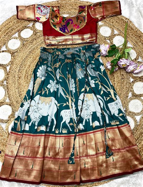 Pichwai Paithani Semi Silk Skirt and Top – www.vannamayil.com