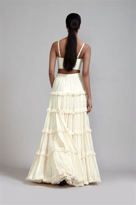 Mati - Off white Fringed Lehenga Jacket Set - Elahe