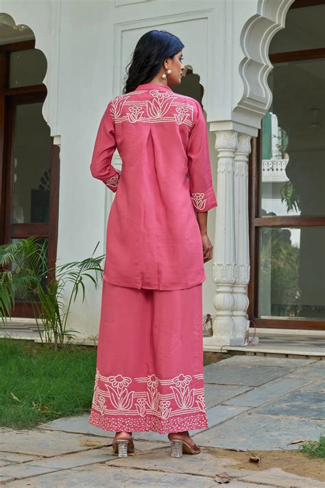 Floral Embroidered Co-ord Set in Rosewood Pink Silk – Kaftanize