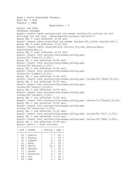 Experiment 2 - DBMS LAB manual - Name : Parth Dadasaheb Khamkar. Roll ...