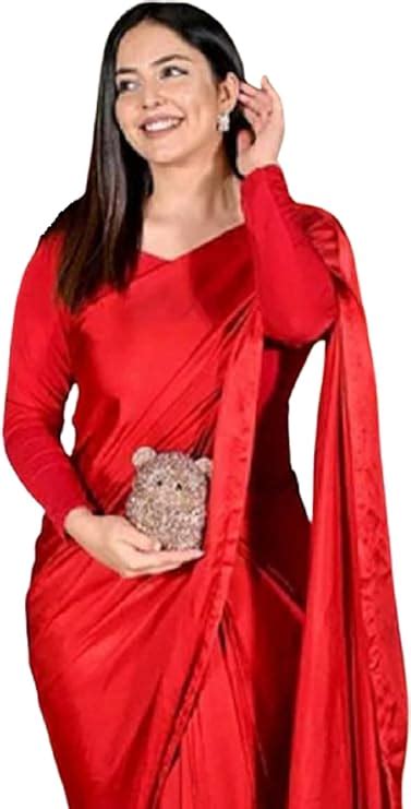 SATAZ Women’s Ready to Wear Solid Red Satin Silk 1 Minute Pre Pleated ...