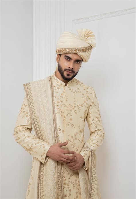 Beige Floral Zardosi Sherwani – Darshika Menswear