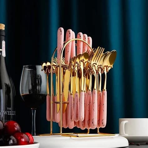 CherryBox Spoon Fork & Knife Set - Cutlery Gift Set with Stand - Gold ...