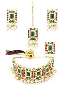 ZAVERI PEARLS Green & Pink Stones Ethnic Choker Necklace Earring ...