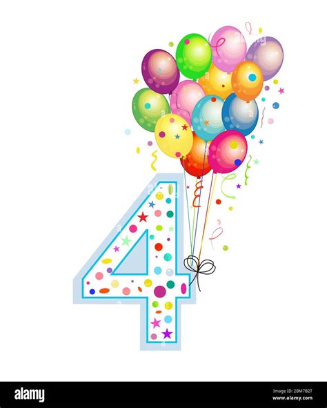 Happy fourth birthday candle. Four numbered balloon. Colorful balloons ...
