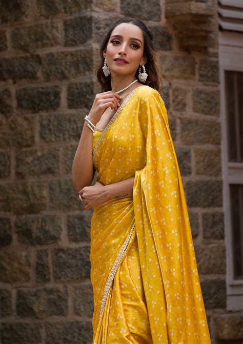 Buy Yellow Bandhani Satin Saree - Koskii
